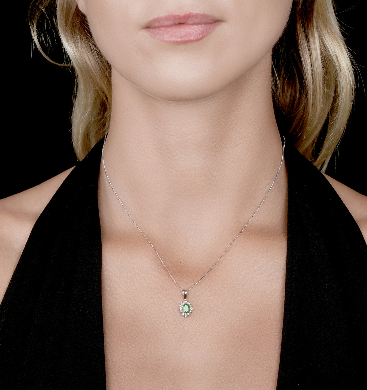 Emerald and Diamond Cluster Pendant Necklace 0.52ct in 9K White Gold